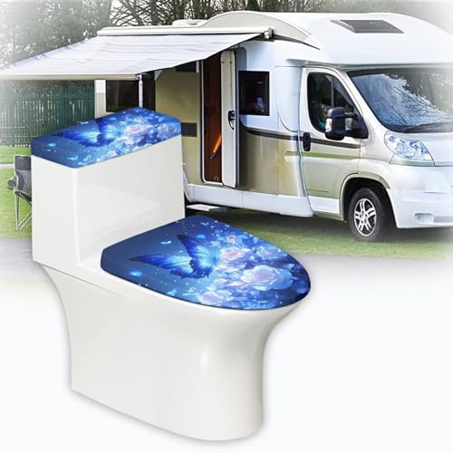 Blue Butterfly Print Toilet Lid Covers with Tank Covers Toilet Seat Cover Dustproof Stays in Place Home Decor Fits Most Toilet Lids - color: Bling Butterfly Print