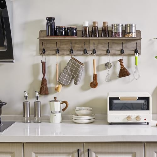 31.5" Coat Rack Wall Mount with Shelf and 8 Hooks, Silver Gray, HWS006Y-2 | 2 Pack Coat Hooks Key Holder Wall Mount, Wood Wall Mounted Coat Rack with Wall Hooks for Hanging, Towel Hooks for Bathroom - color: Silver Gray