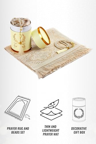 ihvan online Muslim Prayer Rug and Prayer Beads with Elegant Design Cylinder Gift Box, Janamaz, Soft Sajadah, Islamic Gifts Set, Portable Prayers Carpet Mat, Taffeta Fabric, Cream - color: Cream