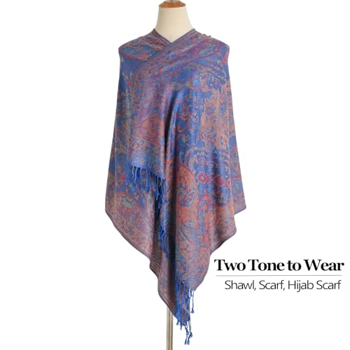 Paisley Pashmina Rave Shawl Scarf-Women's Reversible Ethnic Jacquard Pashmina Wraps for Travel - color: A#. Klein Blue