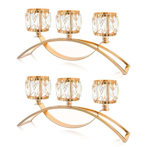 3 Arms Crystal Candle Holders, Arch Candlestick Table Candelabras Centerpieces for Wedding, Dinning Room, Cabinet Ornaments, Home Decoration， Gift (Gold, 2 Pcs-3 Arm Arched) - color: Gold, size: 3-arm arched (2 pcs)