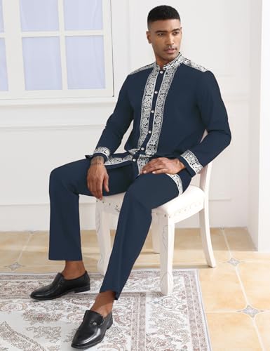 Mens African 2 Piece Set Nigerian Dashiki Metallic Traditional Suit Gold Stamp Printed Shirt and Pants Outfit - color: Grayish Blue, size: Large