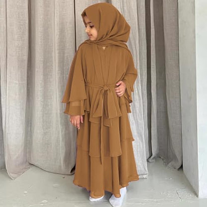 Chiffon layered Open Abaya Dubai Kaftan Muslim Cardigan Abayas Dresses For Girls Casual Robe Kimono Islam Clothing - color: Camel Brown, size: 13-14 Years