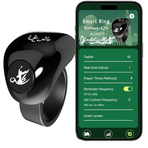Aladdin Fashion Tasbih Smart Ring, Tasbeeh Counters, Prayer Direction Indicator Guide,5 Azan Alarm Clock,Forgiveness,Electronic Rosary,Eid al-Fitr Eid al-Adha Ramadan Gift for men women, Black 18-20mm - style: ABlack 18-20mm