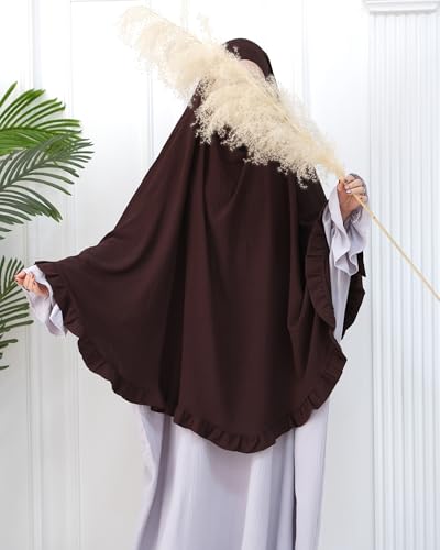 Muslim Prayer Hijab Solid Color Ruffled Head Scarf Women Islamic Head Cover Khimar - color: Dark Coffee
