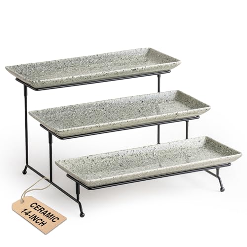 LAUCHUH 3 Tier Serving Trays for Party, Porcelain Dessert Party Display Set - color: Speckled Gray, size: 14 inch