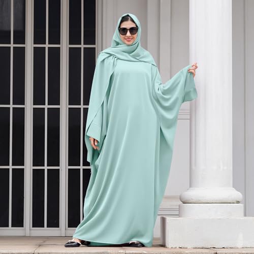 IDOPIP Abayas for Women Muslim Dress with Hijab, One-Piece Long Sleeve Islamic Prayer Dress with Khimar Jilbab Kaftan Clothes - color: Green + Hijab
