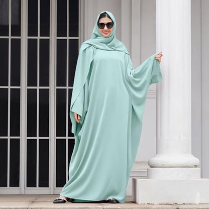 IDOPIP Abayas for Women Muslim Dress with Hijab, One-Piece Long Sleeve Islamic Prayer Dress with Khimar Jilbab Kaftan Clothes - color: Green + Hijab