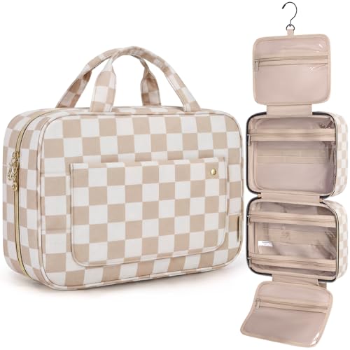 BAGSMART Toiletry Bag Travel Bag with Hanging Hook, Checkered Makeup Cosmetic Bag Travel Organizer for Accessories, Shampoo, Full-size Container, Toiletries (Khaki Checkerboard, Medium) - color: Khaki Checkerboard, size: Medium