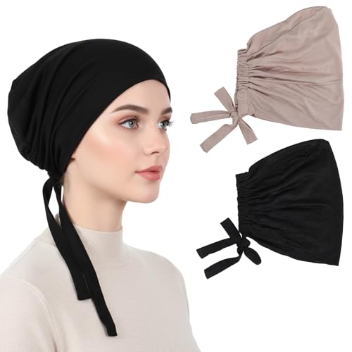 2-Pack Women's No-Slip Undercap Scarf Set Chiffon Cotton Head Cover for Sports Ready-to-Wear Underscarf with Crown Grip, Black Headbands Bun Soft Breathable Headwrap Running Yoga Gym Daily Wear