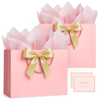 ANZNKU 2PCS Pink Gift Bags for Women, Cute Medium Gift Bags with Handles 4 Tissue Paper 2 Ribbons 2 Cards for Her Wedding Graduation Birthday Engagement Bridal & Baby Shower Party Favors Gifts Wrap - color: Elegant Pink