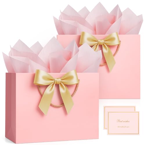 ANZNKU 2PCS Pink Gift Bags for Women, Cute Medium Gift Bags with Handles 4 Tissue Paper 2 Ribbons 2 Cards for Her Wedding Graduation Birthday Engagement Bridal & Baby Shower Party Favors Gifts Wrap - color: Elegant Pink