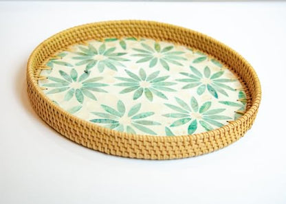 Magenta & Teal Round Rattan Serving Tray with Mother of Pearl Inlay, Wicker Coffee Table Decor, Farmhouse Style (Light Blue Flower Pink) - color: Light Blue Flower Pink