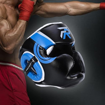 Boxing Headgear Forehead and Ear Protection Thickened Gear Full Face Protection for Training Muay Thai Men Women - color: Blue Large