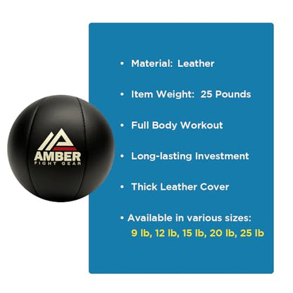 Amber Fight Gear Leather Medicine Ball for Strength & Conditioning, Plyometric & Core Training, Cardio Workouts for Muscle Building, Squats, Lunges, Partner Training, 15lb