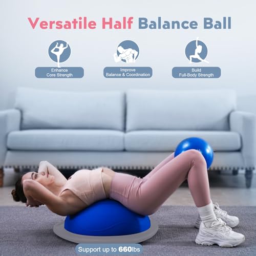 kisnbld Half Balance Ball Trainer, Inflatable 19/23 Inch Half Exercise Ball with Resistance Bands and Pilates Ball, Non-Slip 660lbs Capacity Yoga Ball for Home Gym Full Body Workouts - color: Blue