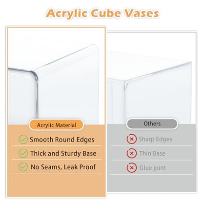 Acrylic Cube Vases Set of 3, Clear Square Vases, Shatterproof Flower Vase Decorative Centerpiece for Home, Wedding, 4”+5”+6”