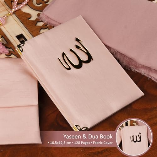 BABY SHOWER CHOCOLATE Prayer Rug Islamic Gift Set, Velvet Prayer Mat, Prayer Beads, Scarf and Yaseen Book, Perfect Family and Muslim Eid Gifts (Pink) - color: Pink
