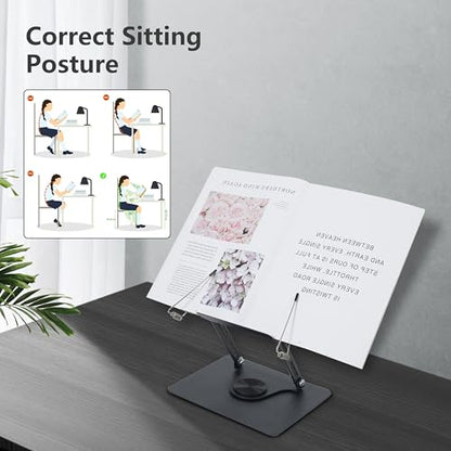Book Stand for Reading, Multi-Angle & Height Book Holder with 360° Swivel Base, Lightweight Foldable Cookbook Stand for Kitchen, Office, Textbook, Recipe, Music Scores, Kindle, Tablet