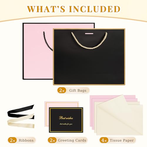 ANZNKU 2PCS Black & Pink Gift Bags Medium Wrapping Supplies, Gift Bags with Handles 4 Tissue Paper 2 Ribbon 2 Cards for Women Birthday Wedding Graduation Engagement Bridal Shower Present Party Favor - color: Black+Pink