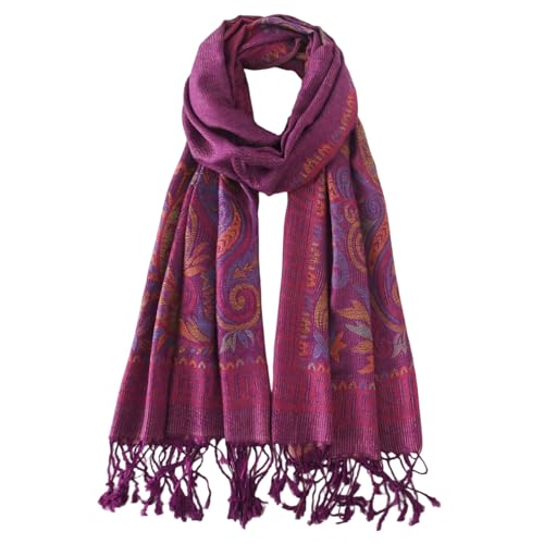 Paisley Pashmina Rave Shawl Scarf-Women's Reversible Ethnic Jacquard Pashmina Wraps for Travel - color: B#. Plum Gold