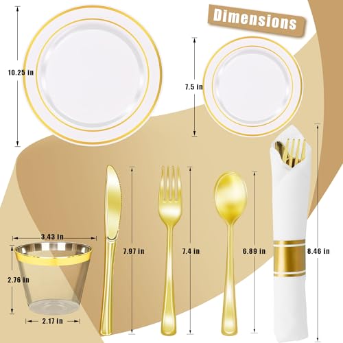 Zcaukya 350 PCS Gold Plastic Dinnerware for 50 Guests, Elegant Disposable Utensils Set with 100 Plates, 50 Pre-Wrapped Napkins, 50 Cups, 50 Spoons, 50 Forks and 50 Knives for Birthday Parties Weddings