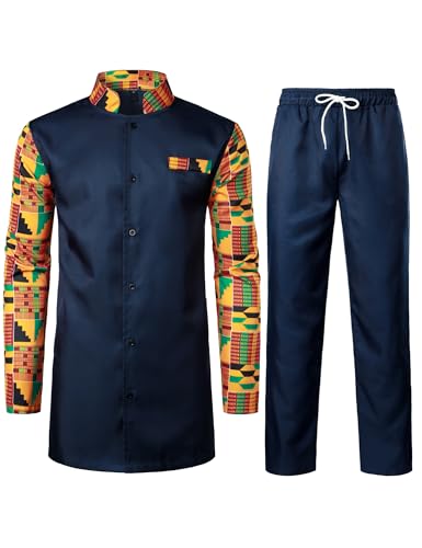ZEROYAA Men's Kente Print Suit Long Sleeve Button up African Dashiki Shirt and Pants Ethnic 2 Piece Outfit - color: Navy Kente, size: Medium