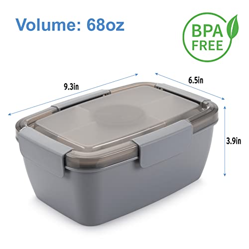 Freshmage Salad Lunch Container To Go, 68-oz Grey-XL, Leak-proof Lid, 4 Compartments, Sauce Container, Safe Material, Easy Carry - color: Grey-68oz