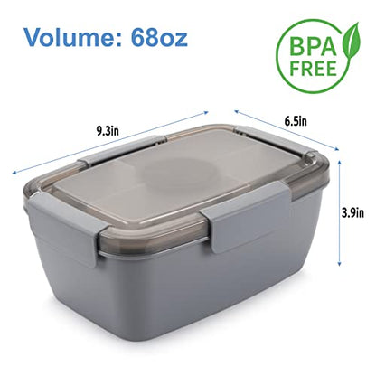 Freshmage Salad Lunch Container To Go, 68-oz Grey-XL, Leak-proof Lid, 4 Compartments, Sauce Container, Safe Material, Easy Carry - color: Grey-68oz