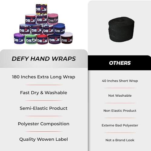 DEFY Professional 180 Inch Hand Wraps for Boxing Muay Thai MMA Elastic Bandages for Men & Women -Pair - color: Black