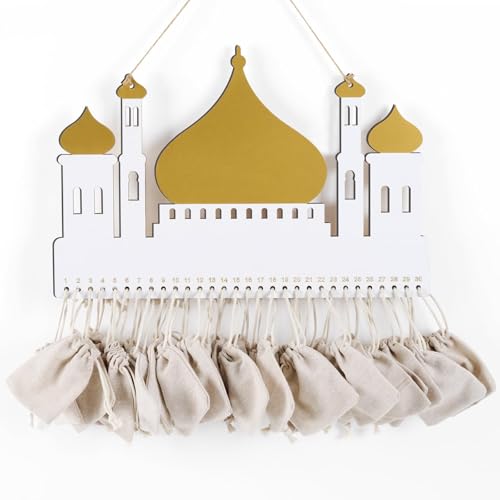 Wooden Ramadan Countdown Calendar with 30 Cloth Bags, Ramadan Mubarak Eid Calendar Hanging Decoration, Muslim Kareem Wall Ornament for Door Window Displays and Kids Gifts