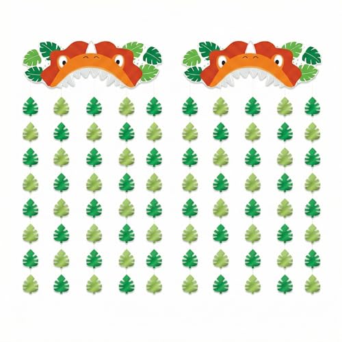 2 Pack Dinosaur Door Curtain 3ft x 6.5ft – Dino Party Backdrop with Jungle Leaves & Hanging Strands, Photo Booth Background for Baby First Birthday, Dino Theme Decor - color: Dino-Mite