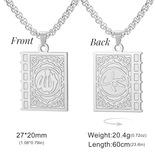Islamic Necklace Double Sided Quran Book Muhammad Prophet Allah Pendant Arabic Calligraphy Ayatul Kursi Muslim Religious Jewelry Islam Eid Ramadan Gift for Men Women - color: silver