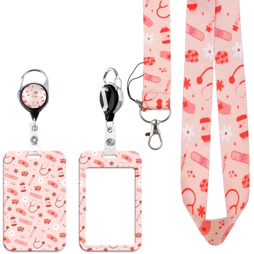 Pink Medical Lanyards for ID Badges for Nurses – Retractable Reel Clip with ID Name Tag Holder with Stethoscope & Nurse Cap Pattern, Cute Aesthetic Accessories for Women, Girls, Doctor - style: Nurse