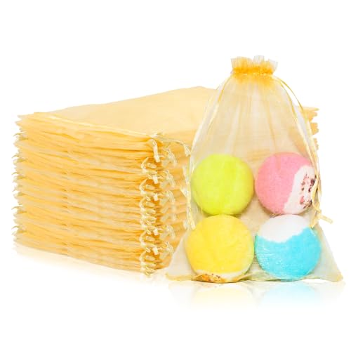 Mstar Pack 100 Pcs Organza Bags, Grey Sheer Organza,Wedding Favor with Drawstring,Jewelry Gift Bag for Party, Jewelry, Bathroom Soaps (Gold, 6.69 * 9.06 inch) - color: Gold