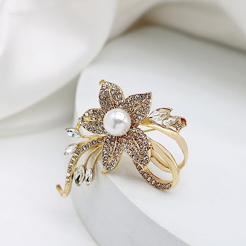 Crystal Pearl Flower Brooches Pins Fashion Beautiful Created Rhinestone Floral Brooch Good Idea for Party Dance Wedding Banquet for Elegant Women Girl - color: Gold Flower