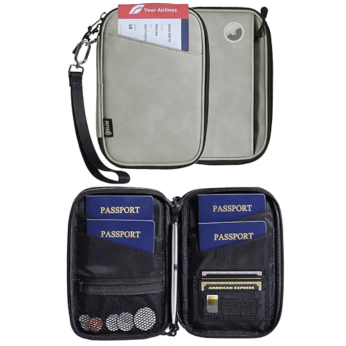 Lagre family passport holder for 4 multiple passport bag for travel passport cover rfid blocking for women waterproof wallet with zipper airtag passport case for men (pattern gray) - color: LAGRE PATTERN GRAY