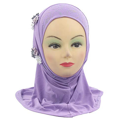 Instant Hijab for Kids Girls Hijabs Muslim Islamic Head Scarf with Rhinestone and Flowers - color: Lavender