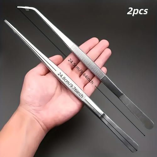 2 Pack Long Stainless Steel Tweezers Set, Heavy Duty Straight & Curved Tongs with Serrated Tips, Multi-Purpose Extended Tweezers for Bonsai Care, Aquarium Aquascaping, Terrarium and Crafting