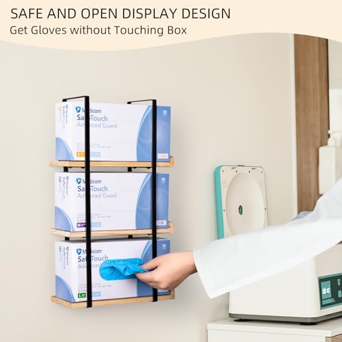 Glove Holder Dispenser for Wall Mount Wooden Metal Disposable Latex Glove Box Holder for Home Office, Lab and Garage, Tissue Wire Rack Wall-mounted for Kitchen Organizer Decor