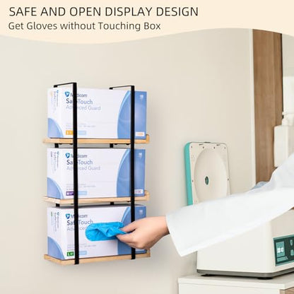 Glove Holder Dispenser for Wall Mount Wooden Metal Disposable Latex Glove Box Holder for Home Office, Lab and Garage, Tissue Wire Rack Wall-mounted for Kitchen Organizer Decor