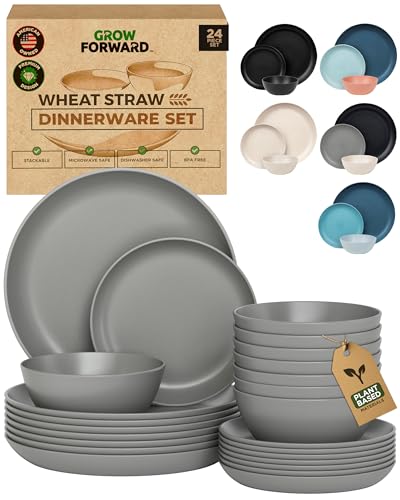 Grow Forward 24-piece Premium Wheat Straw Dinnerware Sets for 8 - Dinner Plates, Dessert Plates, Cereal Bowls - Unbreakable Microwave Safe Plastic Plates and Bowls Sets, RV, Kitchen Dishes - Feather - color: Feather Grey