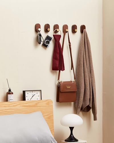 Wood Coat Hooks Wall Mount - Modern Walnut Coat Hook with Brass Accent for Hanging Clothes,Keys,Purse,Robes,Towel,Backpacks, Single Brass Wall Hooks Heavy Duty for Entryway, Closet, Bathroom (6 Pack) - style: 6 Pack