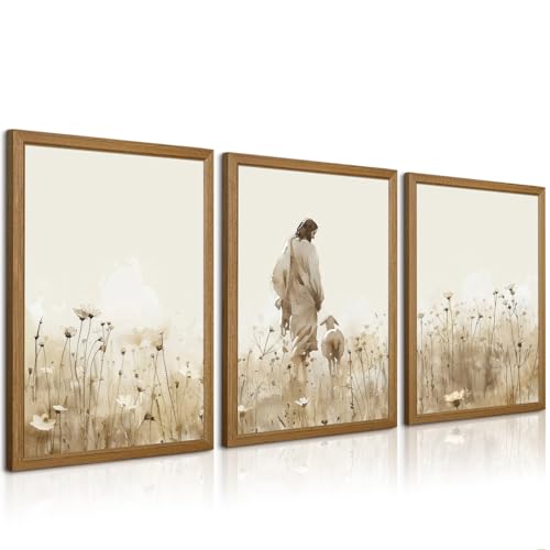 Jesus Leaves the 99 Sheep Wall Art Christian Canvas Poster Jesus and Lamb Wall Decor Religious Pictures Lost Sheep Painting God Christ Painting Artwork for Bedroom Living Room 12x16x3 Inch Wood Framed - color: Jesus Sheep Prints, size: 12"x16" Framed