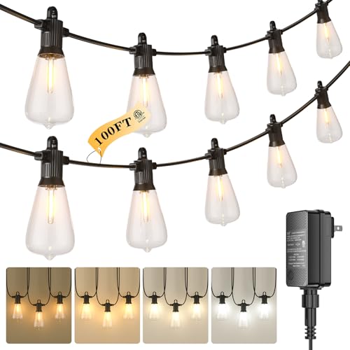 Kawaya Outdoor String Lights for Patio - ST38 Outside IP65 Waterproof Hanging Light with 2700k~6000k Dimmable - 100FT Led Edison Lights for Cafe Bistro Yard Gazebo Porch - size: 100FT Discolor