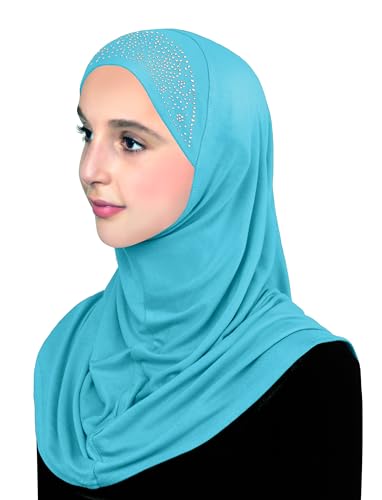Aiyah Hijab for Girl's 1 piece Elastane-Spandex Amira Head Scarf with Rhinestones Easy Pull-on Headscarf - color: Large - Turquoise, size: Large