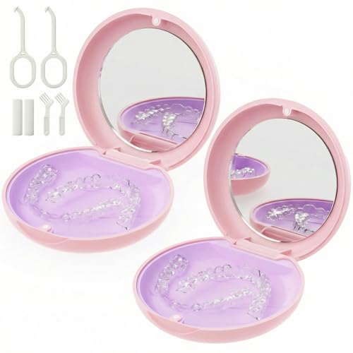 2 Pack Retainer Case with Mirror, Magnetic Aligner Case Compatible with Invisalign, Portable Slim Orthodontic Storage Kit for Clear Aligners - Pink - color: 2 Pack - Pink with Mirror