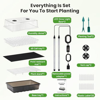 BAOSHISHAN Seed Starter Tray with Grow Light - 60 Cells Self-Watering | 24/7 LED Grow Light, 4'' Humidity Dome, Ideal for Herbs & Indoor Plants, Promotes Fast Germination, Durable Plastic Build