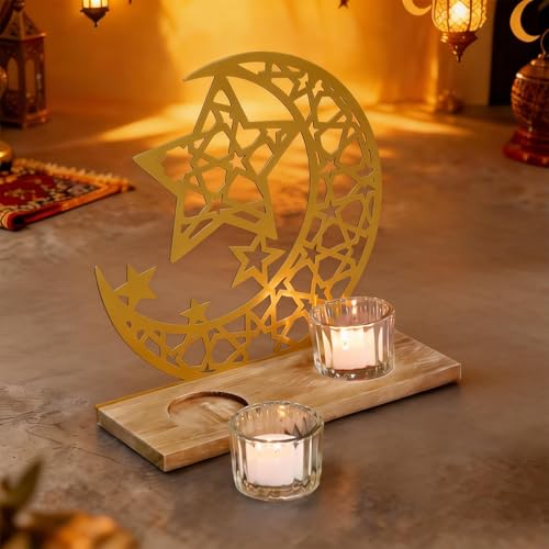 Gold Ramadan Decorations for Home, Star and Crescent Moon Silhouette Tealight Candle Holder with 2 Glass Votives, Wooden Tray Eid Mubarak Table Decor Centerpiece, Islamic Ramadan Kareem Gifts