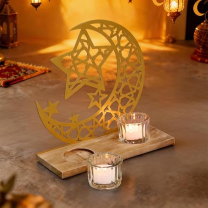 Gold Ramadan Decorations for Home, Star and Crescent Moon Silhouette Tealight Candle Holder with 2 Glass Votives, Wooden Tray Eid Mubarak Table Decor Centerpiece, Islamic Ramadan Kareem Gifts